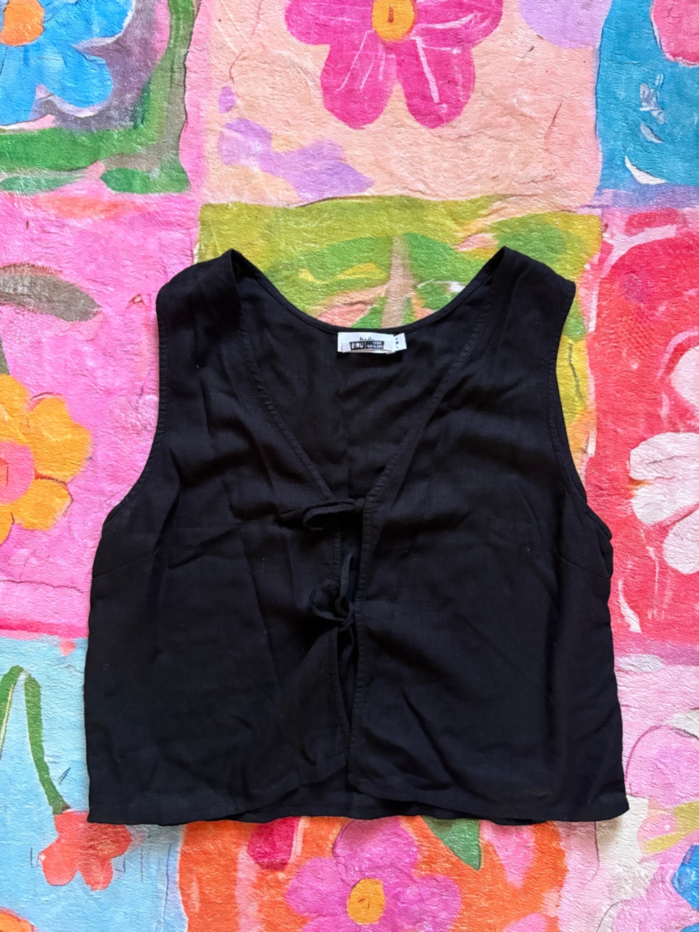 Twik Simons Black Front Tie Linen Blend Crop Top Medium